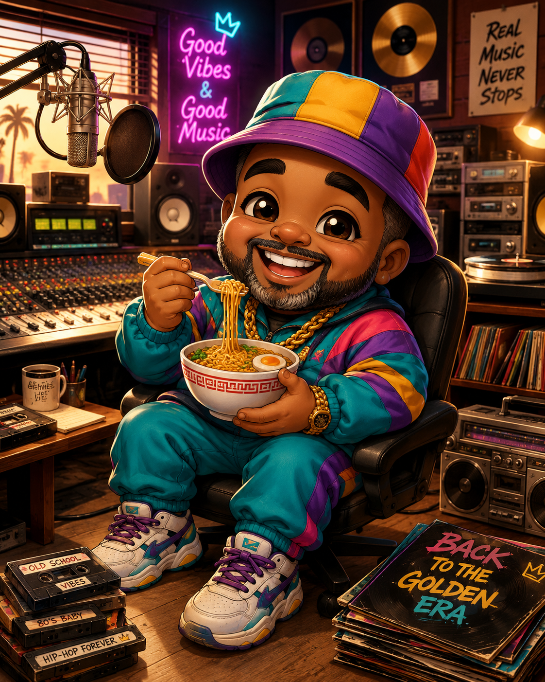 Chibi Caribbean man in 1980s hip-hop clothing sitting in an audio studio and eating noodles